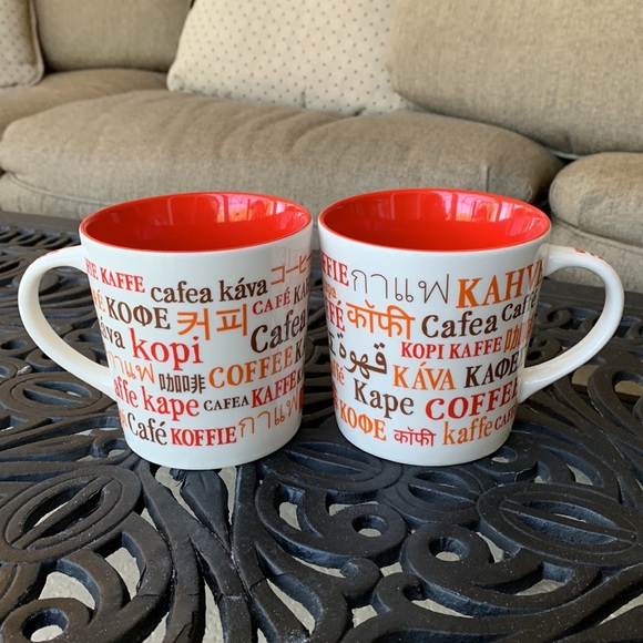 Set of Two NEW Starbucks coffee mugs in white/ red w/ multi language “coffee” - Picture 3 of 9